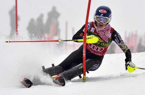 Mikaela Shiffrin of the U.S. competes during the first run of women's FIS Alpine Skiing World Cup slalom race in Kranjska Gora February 2, 2 Mikaela Shiffrin of the U.S. competes during the first run of women's FIS Alpine Skiing World Cup slalom race in Kranjska Gora February 2, 2
