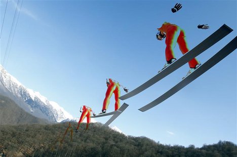 France's Jason Lamy Chappuis speeds down the jump during a training session for the large hill ski jumping portion of the Nordic combined in France's Jason Lamy Chappuis speeds down the jump during a training session for the large hill ski jumping portion of the Nordic combined in