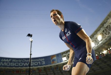 Renaud Lavillenie of France celebrates after finishing second in the men's pole vault final during the IAAF World Athletics Championships at Renaud Lavillenie of France celebrates after finishing second in the men's pole vault final during the IAAF World Athletics Championships at