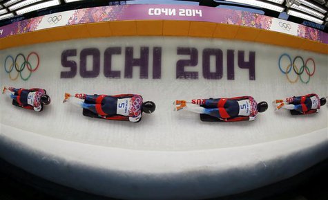 Russia's Alexander Tretiakov speeds down the track at the men's skeleton event during the 2014 Sochi Winter Olympics February 15, 2014. Pict Russia's Alexander Tretiakov speeds down the track at the men's skeleton event during the 2014 Sochi Winter Olympics February 15, 2014. Pict