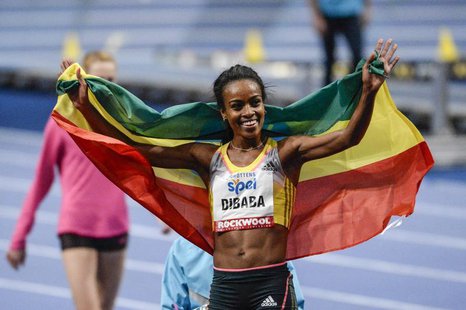 Genzebe Dibaba of Ethiopia celebrates after winning the women's 3000m during the XL Galan indoor track and field meet at the Stockholm Globe Genzebe Dibaba of Ethiopia celebrates after winning the women's 3000m during the XL Galan indoor track and field meet at the Stockholm Globe