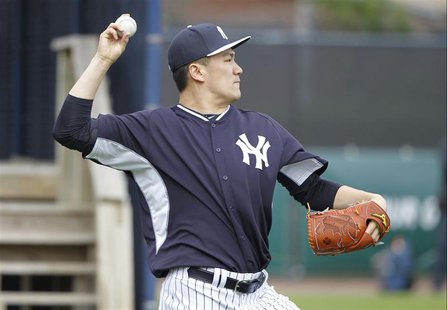 Feb 15, 2014; Tampa, FL, USA; New York Yankees starting pitcher Masahiro Tanaka (19) throws the ball during spring training at George M. Ste Feb 15, 2014; Tampa, FL, USA; New York Yankees starting pitcher Masahiro Tanaka (19) throws the ball during spring training at George M. Ste