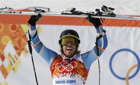 Norway's Kjetil Jansrud reacts in the finish area after competing in the men's alpine skiing Super-G competition during the 2014 Sochi Winte Norway's Kjetil Jansrud reacts in the finish area after competing in the men's alpine skiing Super-G competition during the 2014 Sochi Winte