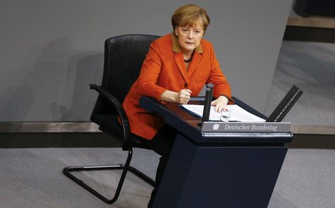 German Chancellor Angela Merkel makes a point during her speech at the German lower house of parliament Bundestag in Berlin January 29, 2014 German Chancellor Angela Merkel makes a point during her speech at the German lower house of parliament Bundestag in Berlin January 29, 2014