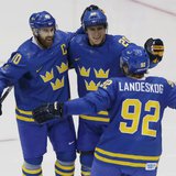 Sweden's Henrik Zetterberg (40) celebrates his goal with teammates Alexander Steen (20) and Gabriel Landeskog (92) during the second period of their men's preliminary round hockey game against the Czech Republic at the Sochi 2014 Winter Olympic Games, February 12, 2014.
Credit: Reuters/Grigory Dukor
Sweden's Henrik Zetterberg (40) celebrates his goal with teammates Alexander Steen (20) and Gabriel Landeskog (92) during the second period of their men's preliminary round hockey game against the Czech Republic at the Sochi 2014 Winter Olympic Games, February 12, 2014.
Credit: Reuters/Grigory Dukor