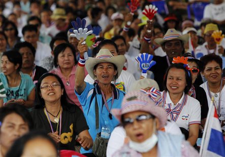 An anti-government protester uses a clapper during a rally near the Government Complex in Bangkok February 16, 2014. REUTERS/Chaiwat Subpras An anti-government protester uses a clapper during a rally near the Government Complex in Bangkok February 16, 2014. REUTERS/Chaiwat Subpras