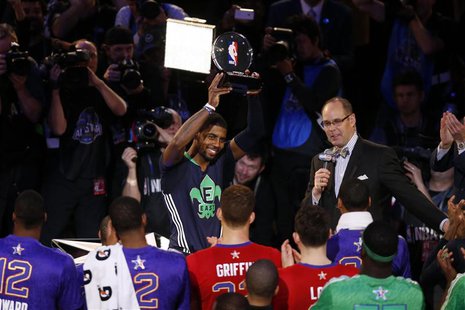 Feb 16, 2014; New Orleans, LA, USA; Eastern Conference Kyrie Irving guard (2) of the Cleveland Cavaliers celebrates with the MVP trophy afte Feb 16, 2014; New Orleans, LA, USA; Eastern Conference Kyrie Irving guard (2) of the Cleveland Cavaliers celebrates with the MVP trophy afte