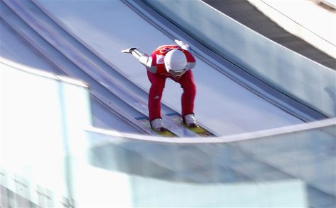 Germany's Eric Frenzel speeds down the jump during the training of the large hill ski jumping portion of the Nordic Combined individual 10 k Germany's Eric Frenzel speeds down the jump during the training of the large hill ski jumping portion of the Nordic Combined individual 10 k