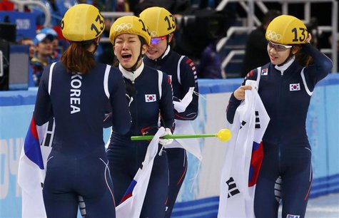 South Korea's skating team celebrates after winning the women's 3,000 metres short track speed skating relay final event in the Iceberg Skat South Korea's skating team celebrates after winning the women's 3,000 metres short track speed skating relay final event in the Iceberg Skat