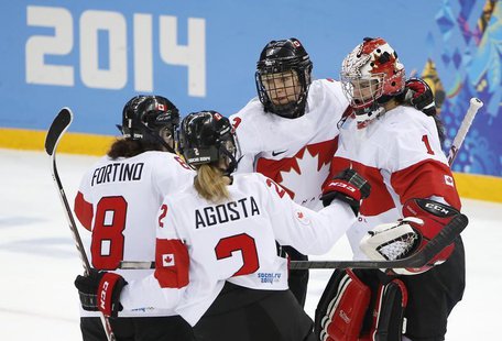 Canada's goalie Shannon Szabados (R) is congratulated by teammates Jocelyne Larocque (C), Laura Fortino (8) and Meghan Agosta-Marciano (2) a Canada's goalie Shannon Szabados (R) is congratulated by teammates Jocelyne Larocque (C), Laura Fortino (8) and Meghan Agosta-Marciano (2) a