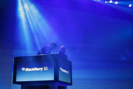 Workers prepare the stage ahead of the launch of Research In Motion Ltd's (RIM) new Blackberry 10 devices in New York January 30, 2013. REUT Workers prepare the stage ahead of the launch of Research In Motion Ltd's (RIM) new Blackberry 10 devices in New York January 30, 2013. REUT
