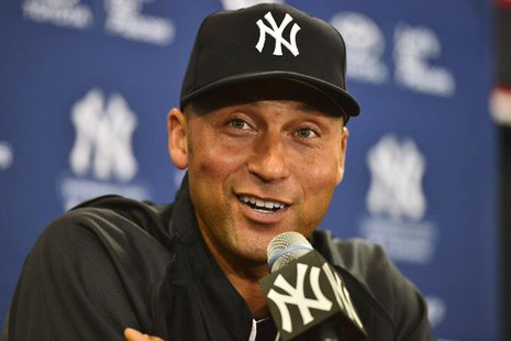 Feb 19, 2014; Tampa, FL, USA; New York Yankees infielder Derek Jeter (2) speaks to the media during an media availability at George M. Stein Feb 19, 2014; Tampa, FL, USA; New York Yankees infielder Derek Jeter (2) speaks to the media during an media availability at George M. Stein
