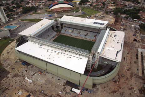 An aerial view of the construction of the Arena Pantanal soccer stadium, which will host several matches of the 2014 World Cup, in Cuiaba, F An aerial view of the construction of the Arena Pantanal soccer stadium, which will host several matches of the 2014 World Cup, in Cuiaba, F