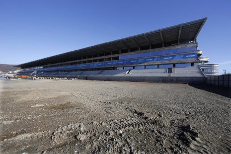 The main tribune and track at the Sochi International Street Circuit under construction for the 2014 Russian Grand Prix are seen in Sochi du The main tribune and track at the Sochi International Street Circuit under construction for the 2014 Russian Grand Prix are seen in Sochi du