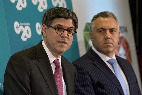U.S. Treasury Secretary Jack Lew (L) participates in a joint news conference with Australian Treasurer Joe Hockey at the G20 Finance Ministe U.S. Treasury Secretary Jack Lew (L) participates in a joint news conference with Australian Treasurer Joe Hockey at the G20 Finance Ministe