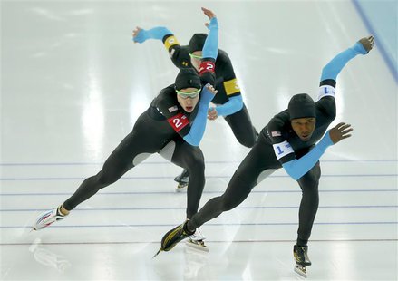 REFILE - CORRECTING BYLINE Shani Davis of the U.S. leads Brian Hansen and Jonathan Kuck of the U.S. in the men's speed skating team pursuit REFILE - CORRECTING BYLINE Shani Davis of the U.S. leads Brian Hansen and Jonathan Kuck of the U.S. in the men's speed skating team pursuit
