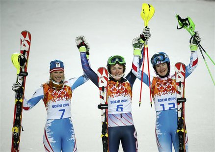 (L to R) Second-placed Marlies Schild of Austria, first-placed Mikaela Shiffrin of the U.S. and third-placed Kathrin Zettel of Austria pose (L to R) Second-placed Marlies Schild of Austria, first-placed Mikaela Shiffrin of the U.S. and third-placed Kathrin Zettel of Austria pose