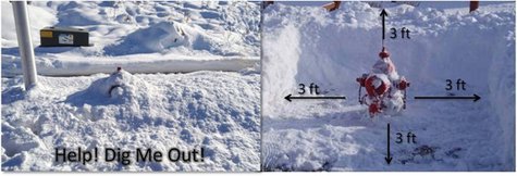 A before and after picture of a fire hydrant being cleared of snow. A before and after picture of a fire hydrant being cleared of snow.