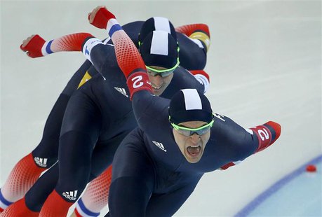 Ewen Fernandez of France leads his team in the final to decide 7th and 8th place in the men's speed skating team pursuit race during the 201 Ewen Fernandez of France leads his team in the final to decide 7th and 8th place in the men's speed skating team pursuit race during the 201