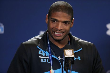 Feb 22, 2014; Indianapolis, IN, USA; Missouri Tigers defensive end Michael Sam speaks to the media in a press conference during the 2014 NFL Feb 22, 2014; Indianapolis, IN, USA; Missouri Tigers defensive end Michael Sam speaks to the media in a press conference during the 2014 NFL