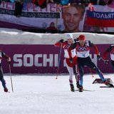 Russia's Alexander Legkov (2nd R) Maxim Vylegzhanin (L) and Ilia Chernousov (R) race to the finish line to take first, second and third plac Russia's Alexander Legkov (2nd R) Maxim Vylegzhanin (L) and Ilia Chernousov (R) race to the finish line to take first, second and third plac