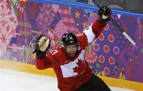Canada's Sidney Crosby celebrates after scoring on Sweden during the second period of the men's ice hockey gold medal game at the 2014 Sochi Canada's Sidney Crosby celebrates after scoring on Sweden during the second period of the men's ice hockey gold medal game at the 2014 Sochi