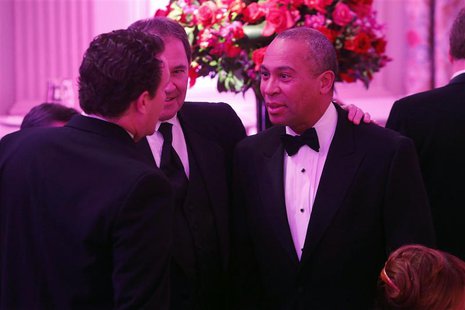 Massachusetts Governor Deval Patrick (D-MA) (R) greets fellow guests before the 2014 Governors' Dinner in the State Dining Room of the White Massachusetts Governor Deval Patrick (D-MA) (R) greets fellow guests before the 2014 Governors' Dinner in the State Dining Room of the White