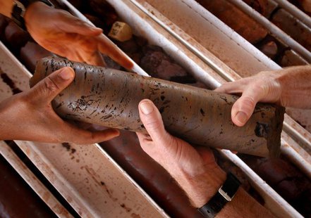 An iron ore core sample is handled at a prospective mine near Port Hedland, Australia, May 26, 2008. REUTERS/Tim Wimborne" An iron ore core sample is handled at a prospective mine near Port Hedland, Australia, May 26, 2008. REUTERS/Tim Wimborne"