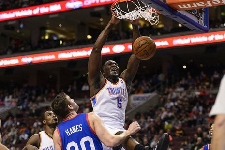 Oklahoma City Thunder center Kendrick Perkins (5) dunks during the first quarter against the Philadelphia 76ers at the Wells Fargo Center. M Oklahoma City Thunder center Kendrick Perkins (5) dunks during the first quarter against the Philadelphia 76ers at the Wells Fargo Center. M