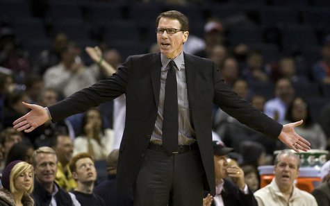 Kiki Vandeweghe questions a call against the Charlotte Bobcats during an NBA basketball game in Charlotte, North Carolina February 16, 2010. Kiki Vandeweghe questions a call against the Charlotte Bobcats during an NBA basketball game in Charlotte, North Carolina February 16, 2010.