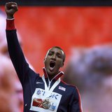 Gold medallist Ashton Eaton of the U.S. celebrates during the award ceremony for the men's decathlon during the IAAF World Athletics Champio Gold medallist Ashton Eaton of the U.S. celebrates during the award ceremony for the men's decathlon during the IAAF World Athletics Champio