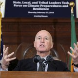 California Gov. Jerry Brown (C) speaks during a media briefing by members of President Barack Obama's Climate Task Force committee in Los An California Gov. Jerry Brown (C) speaks during a media briefing by members of President Barack Obama's Climate Task Force committee in Los An