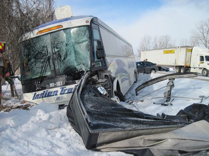The bus driver and 8 passengers received treatment following the crash. The bus driver and 8 passengers received treatment following the crash.