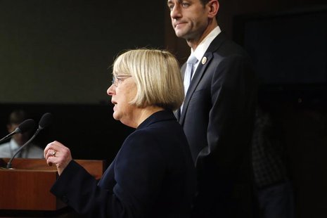 Senate Budget Committee chairman Senator Patty Murray (D-WA) (L) and House Budget Committee chairman Representative Paul Ryan (R-WI) hold a Senate Budget Committee chairman Senator Patty Murray (D-WA) (L) and House Budget Committee chairman Representative Paul Ryan (R-WI) hold a