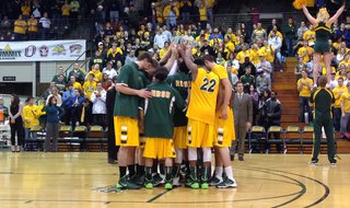 The Bison men's basketball team won the Summit League regular season title with a 82-54 victory over the University of South Dakota at the Bison Sports Arena on Thursday, February 27. The Bison men's basketball team won the Summit League regular season title with a 82-54 victory over the University of South Dakota at the Bison Sports Arena on Thursday, February 27.
