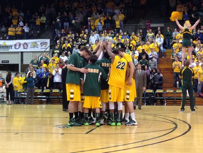 The Bison men's basketball team won the Summit League regular season title with a 82-54 victory over the University of South Dakota at the Bison Sports Arena on Thursday, February 27. The Bison men's basketball team won the Summit League regular season title with a 82-54 victory over the University of South Dakota at the Bison Sports Arena on Thursday, February 27.