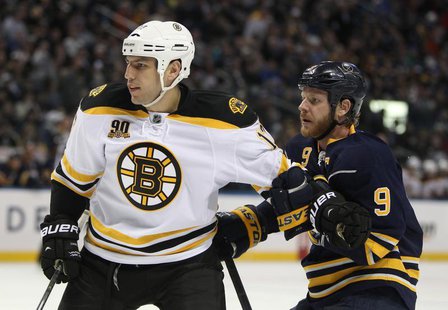 Feb 26, 2014; Buffalo, NY, USA; Boston Bruins left wing Milan Lucic (17) and Buffalo Sabres center Steve Ott (9) battle for position during Feb 26, 2014; Buffalo, NY, USA; Boston Bruins left wing Milan Lucic (17) and Buffalo Sabres center Steve Ott (9) battle for position during