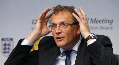 FIFA Secretary General Jerome Valcke gestures as he addresses a news conference after a meeting of the International Football Association Bo FIFA Secretary General Jerome Valcke gestures as he addresses a news conference after a meeting of the International Football Association Bo