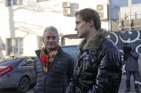 American gold medallist Olympic diver Greg Louganis (L) and Konstantin Yablotskiy, president of the Russian LGBT Sport Federation, speak to American gold medallist Olympic diver Greg Louganis (L) and Konstantin Yablotskiy, president of the Russian LGBT Sport Federation, speak to