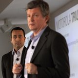 Product Chief at Sprint, Fared Adib (L) watches on as Motorola Senior Vice President of Product Development, Alain Mutricy speaks at the lau Product Chief at Sprint, Fared Adib (L) watches on as Motorola Senior Vice President of Product Development, Alain Mutricy speaks at the lau