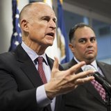 California Governor Jerry Brown announces emergency drought legislation at the CalO ES State Operations Center in Mather, California, Februa California Governor Jerry Brown announces emergency drought legislation at the CalO ES State Operations Center in Mather, California, Februa