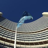 The flag of the International Atomic Energy Agency (IAEA) flies in front of its headquarters during a board of governors meeting in Vienna N The flag of the International Atomic Energy Agency (IAEA) flies in front of its headquarters during a board of governors meeting in Vienna N