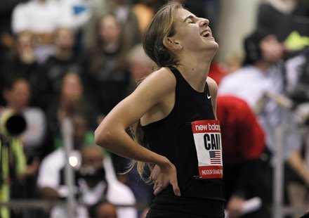 Mary Cain reacts as she is interviewed after breaking the high school girls' record during the women's two mile event during the New Balance Mary Cain reacts as she is interviewed after breaking the high school girls' record during the women's two mile event during the New Balance