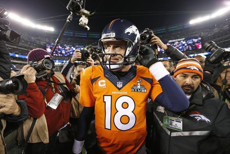 Denver Broncos quarterback Peyton Manning leaves field after being defeated by the Seattle Seahawks in the NFL Super Bowl XLVIII football ga Denver Broncos quarterback Peyton Manning leaves field after being defeated by the Seattle Seahawks in the NFL Super Bowl XLVIII football ga