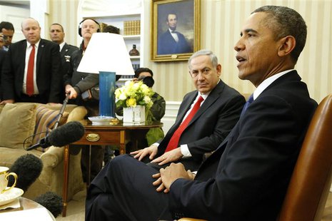 Israel's Prime Minister Benjamin Netanyahu (2nd R) listens to remarks by U.S. President Barack Obama (R) as they sit down to meet in the Ova Israel's Prime Minister Benjamin Netanyahu (2nd R) listens to remarks by U.S. President Barack Obama (R) as they sit down to meet in the Ova