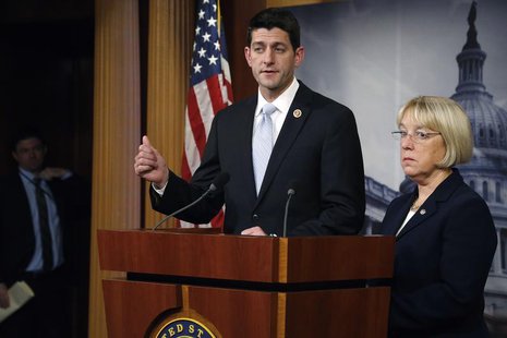 Senate Budget Committee chairman Senator Patty Murray (D-WA) (R) and House Budget Committee chairman Representative Paul Ryan (R-WI) hold a Senate Budget Committee chairman Senator Patty Murray (D-WA) (R) and House Budget Committee chairman Representative Paul Ryan (R-WI) hold a