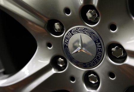 The emblem of German car Mercedes-Benz is pictured on the wheel rim of a Mercedes-Benz S-class at the plant in Sindelfingen near StuttgartJa The emblem of German car Mercedes-Benz is pictured on the wheel rim of a Mercedes-Benz S-class at the plant in Sindelfingen near StuttgartJa