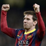 Barcelona's Lionel Messi celebrates after scoring a penalty against Manchester City during their Champions League round of 16 first leg socc Barcelona's Lionel Messi celebrates after scoring a penalty against Manchester City during their Champions League round of 16 first leg socc