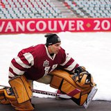Mar 1, 2014; Vancouver, BC, Canada; Vancouver Canucks goaltender Roberto Luongo (1) warms up off ice during practice the day before the Heri Mar 1, 2014; Vancouver, BC, Canada; Vancouver Canucks goaltender Roberto Luongo (1) warms up off ice during practice the day before the Heri