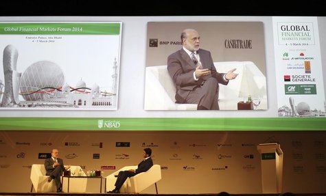 Former Federal Reserve Chairman Ben Bernanke (L) talks during Global Financial Markets Forum in Abu Dhabi March 4, 2014. REUTERS/Ahmed Jadal Former Federal Reserve Chairman Ben Bernanke (L) talks during Global Financial Markets Forum in Abu Dhabi March 4, 2014. REUTERS/Ahmed Jadal